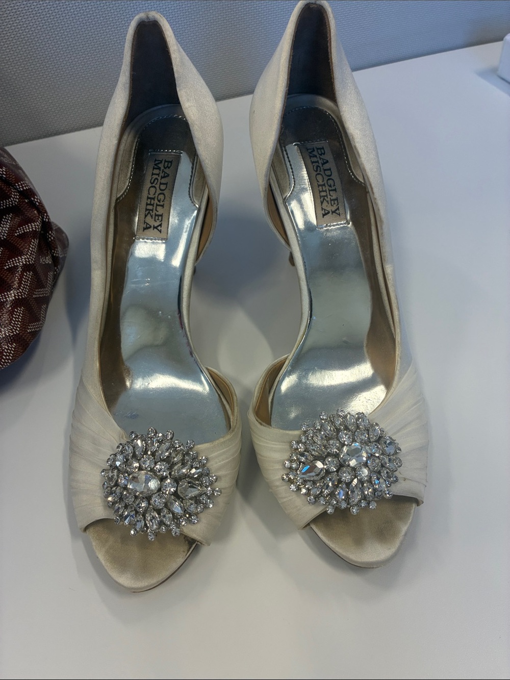 Badgley Mischka Ivory Satin Peep-Toe Heels with Crystal Brooch